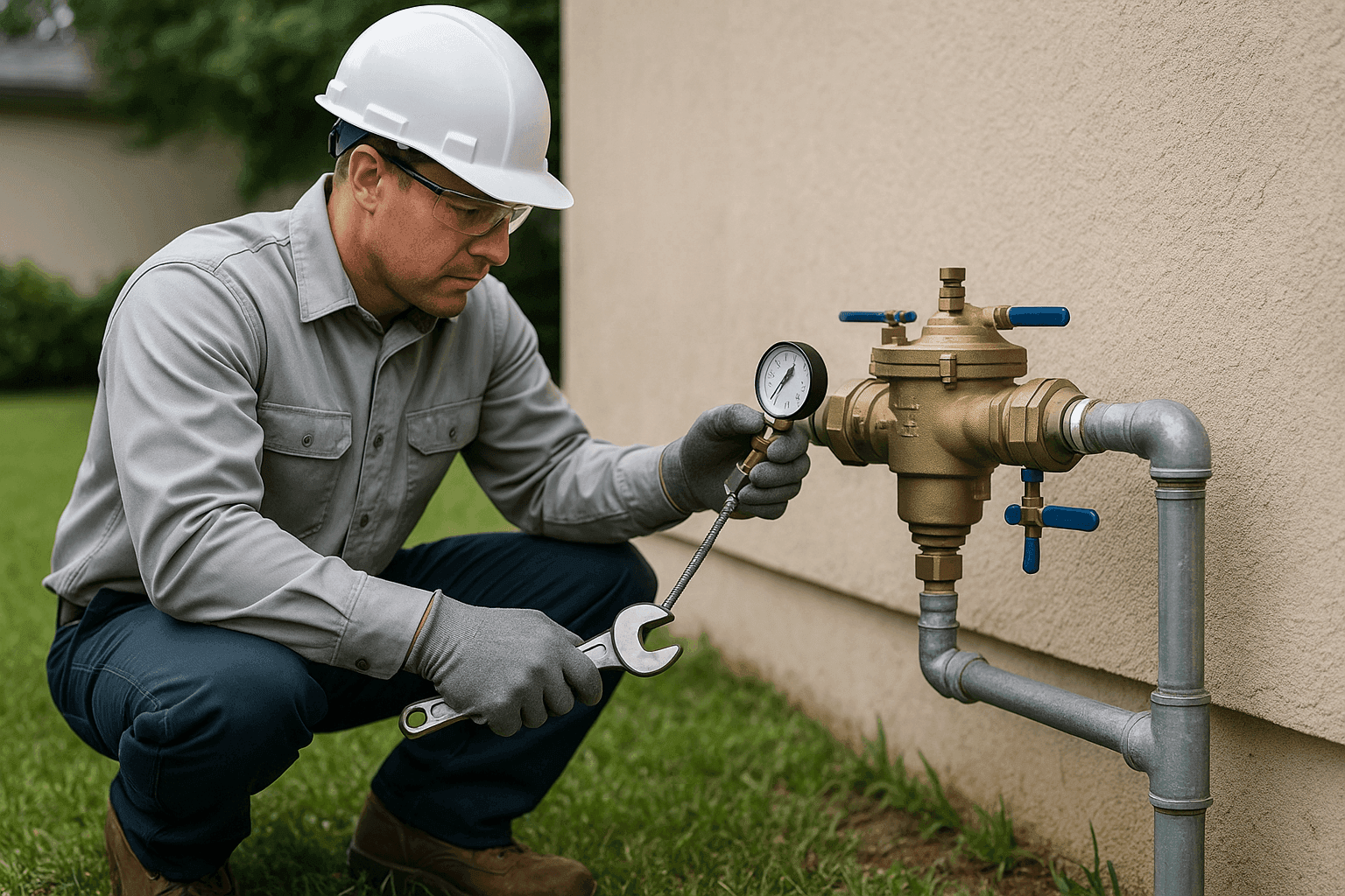 Technician inspecting backflow preventer on residential water line