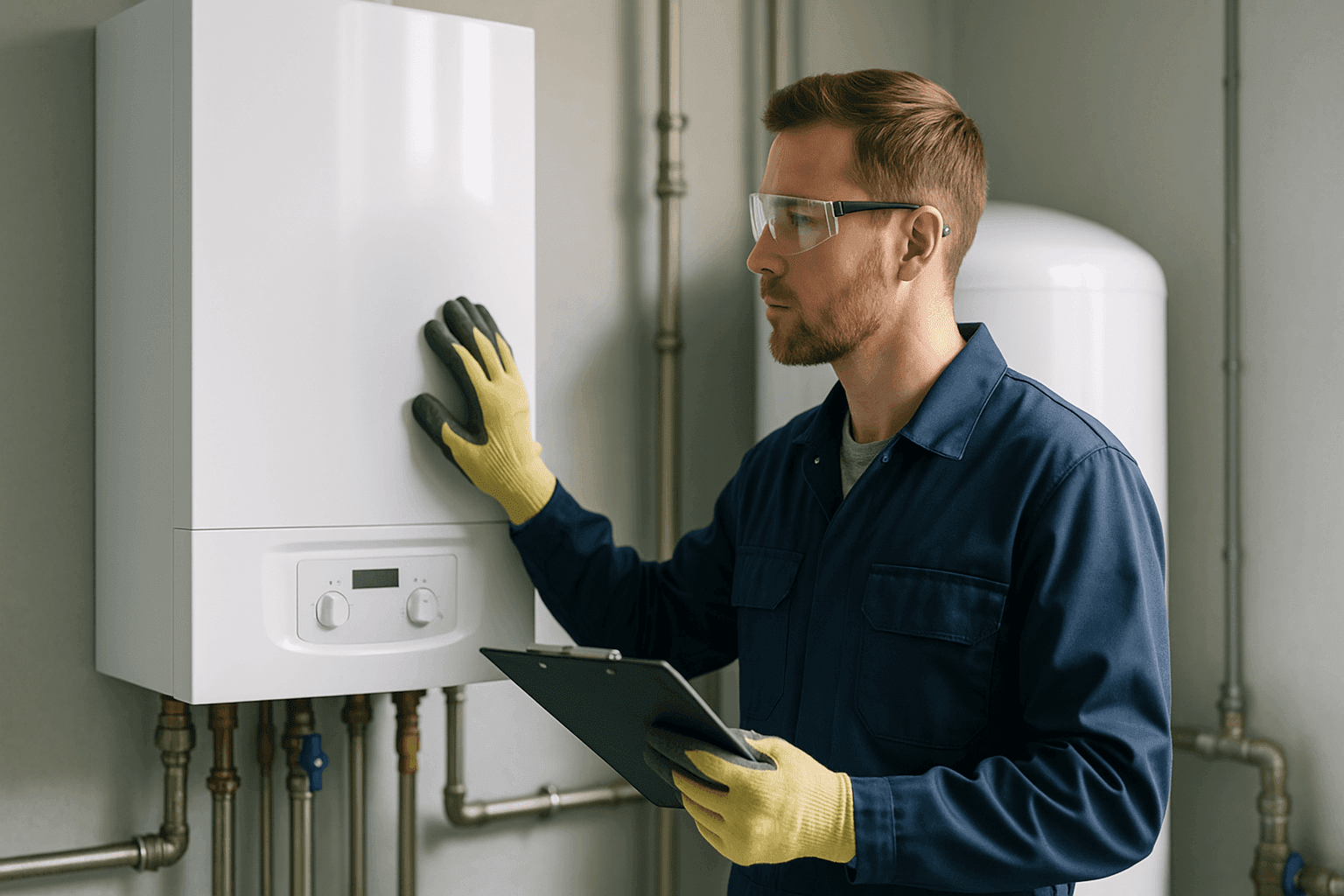 Technician inspecting home boiler unit for repair in utility room