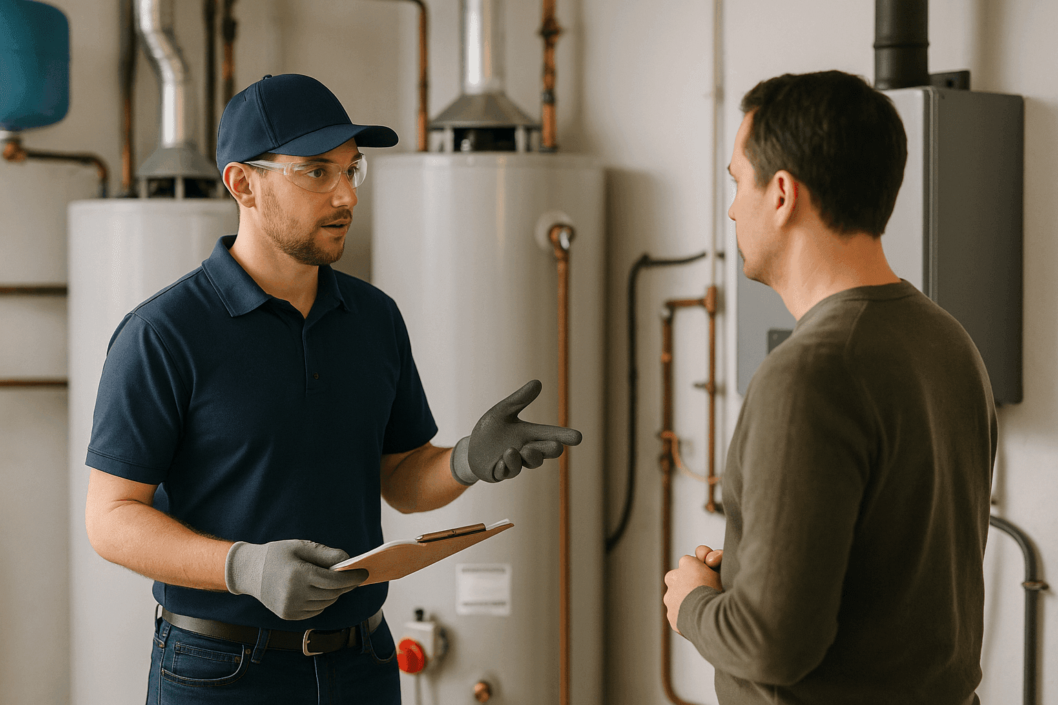 Plumber advising homeowner on water heater types in utility room