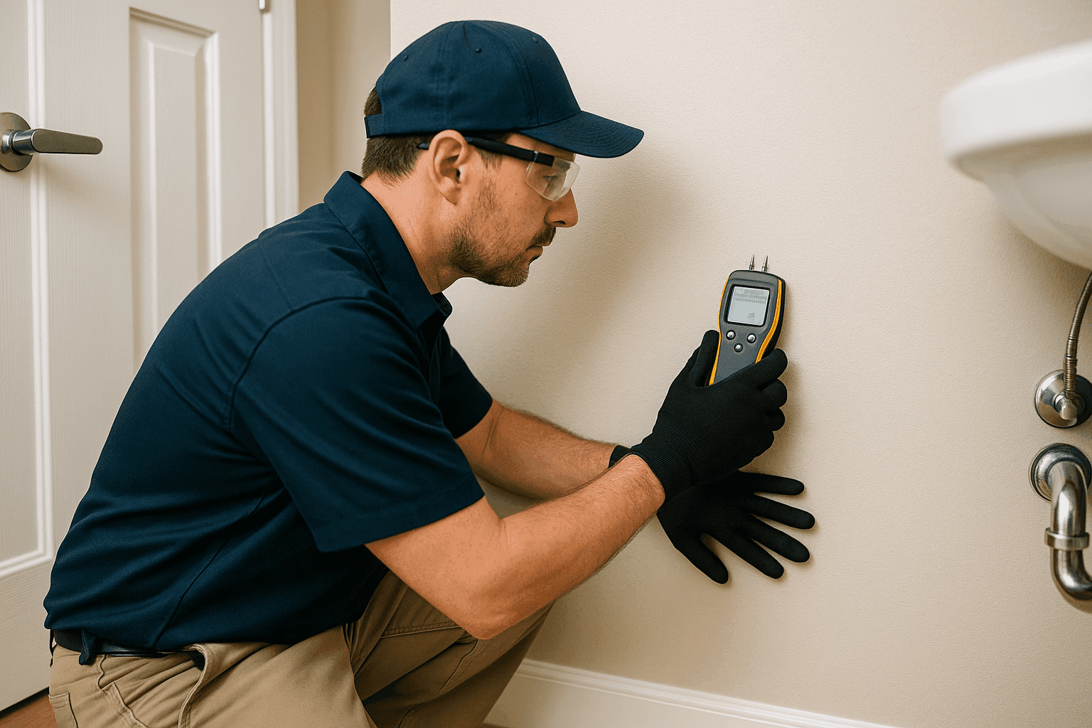 Plumber detecting hidden plumbing leaks with moisture meter behind wall