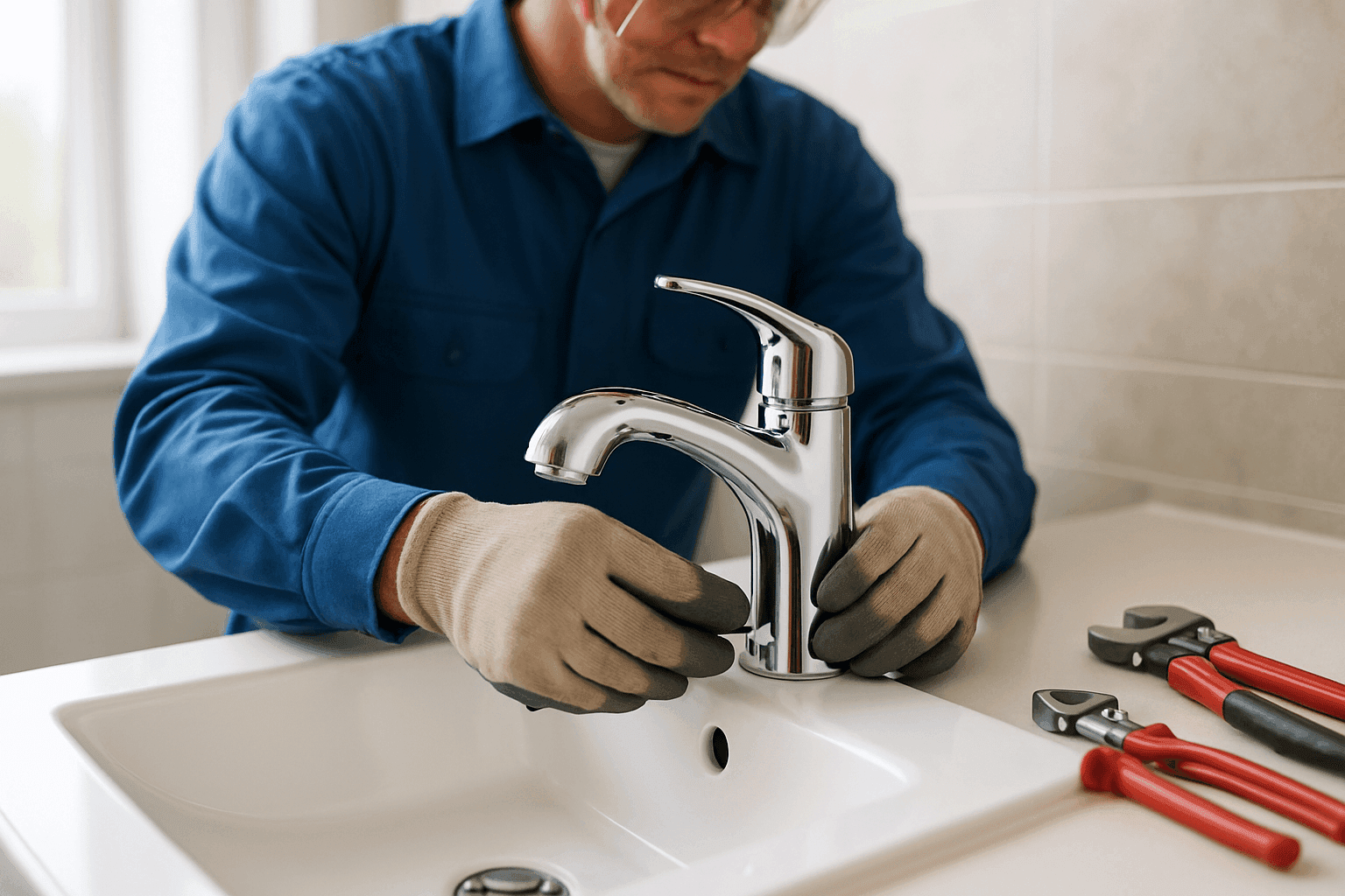 Technician installing modern faucet on bathroom sink