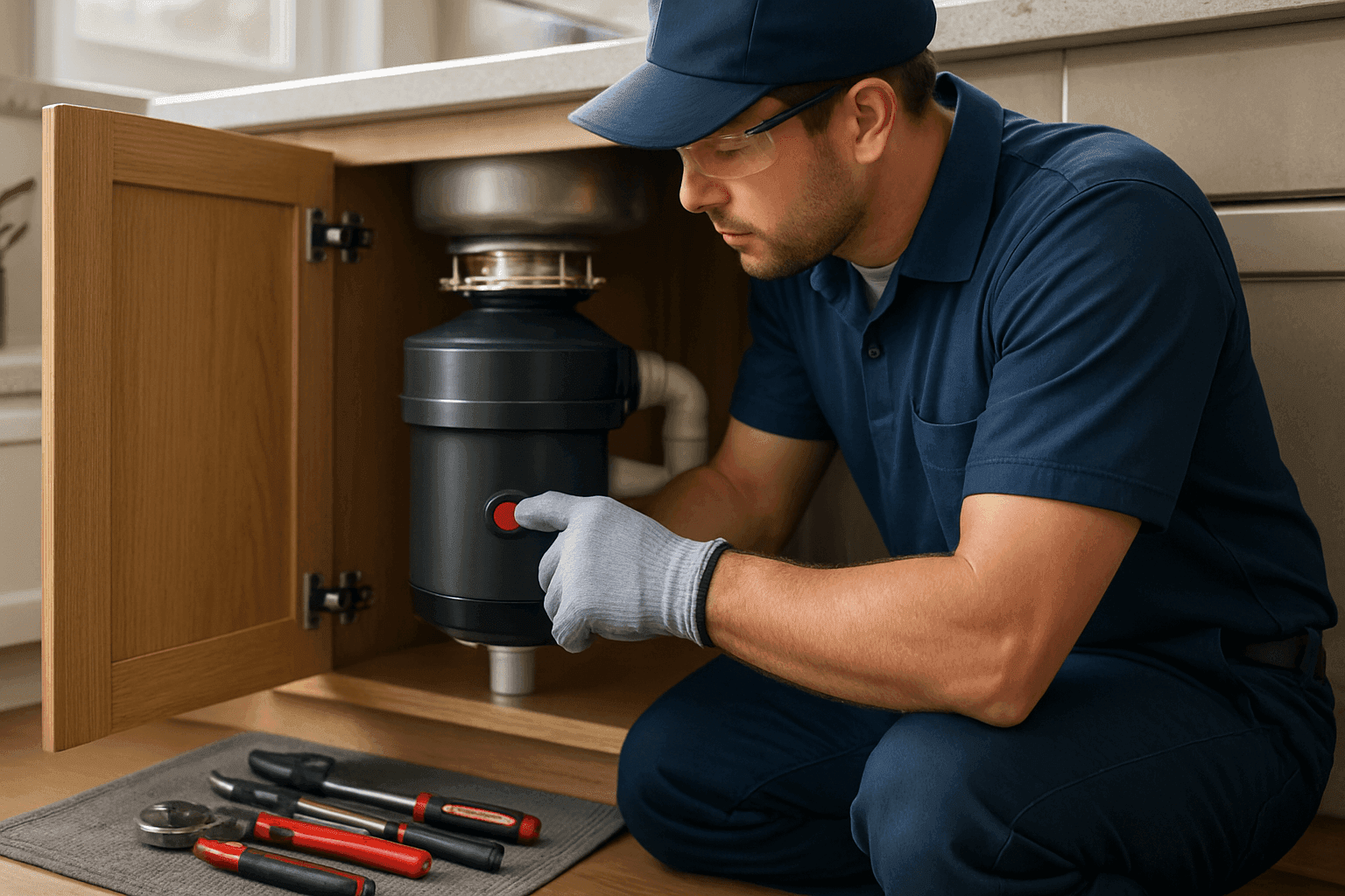 Plumber safely resetting garbage disposal under kitchen sink