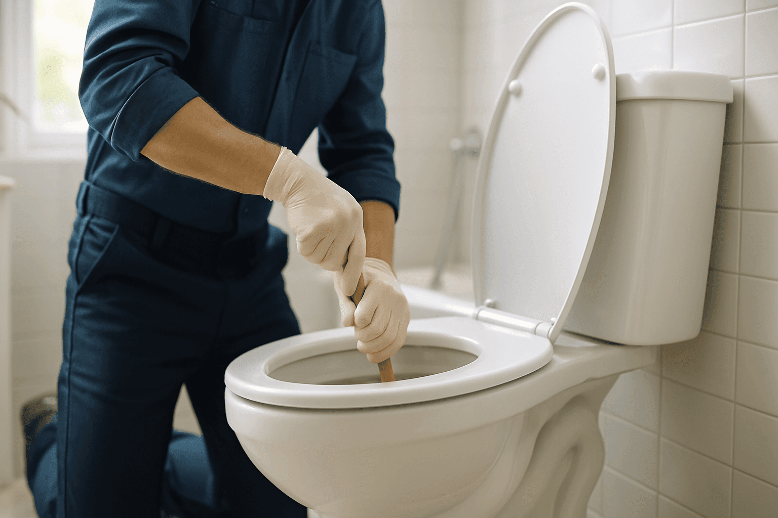 Plumber using plunger on home toilet in bright bathroom