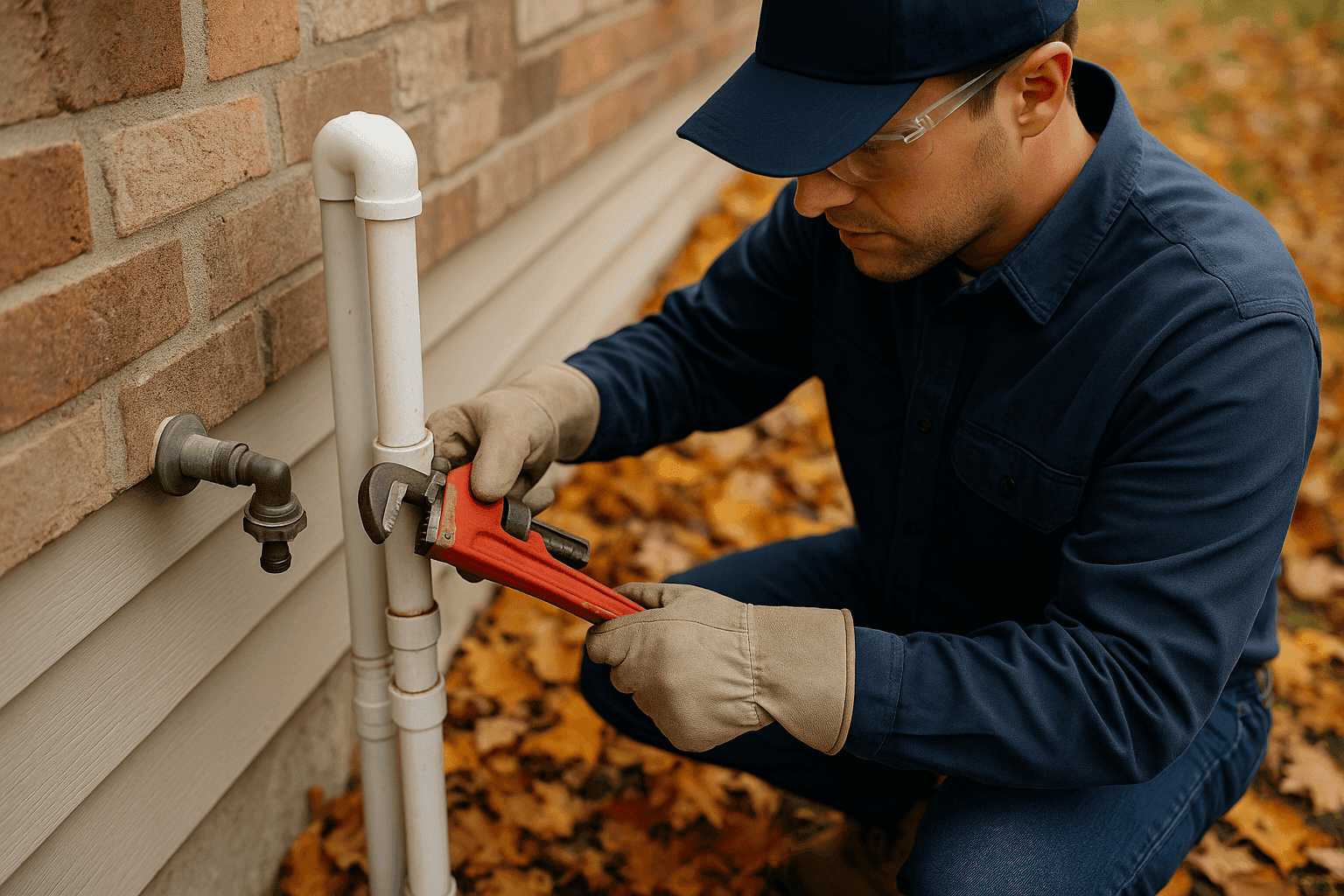 Homeowner preparing outdoor plumbing pipes for seasonal weather changes