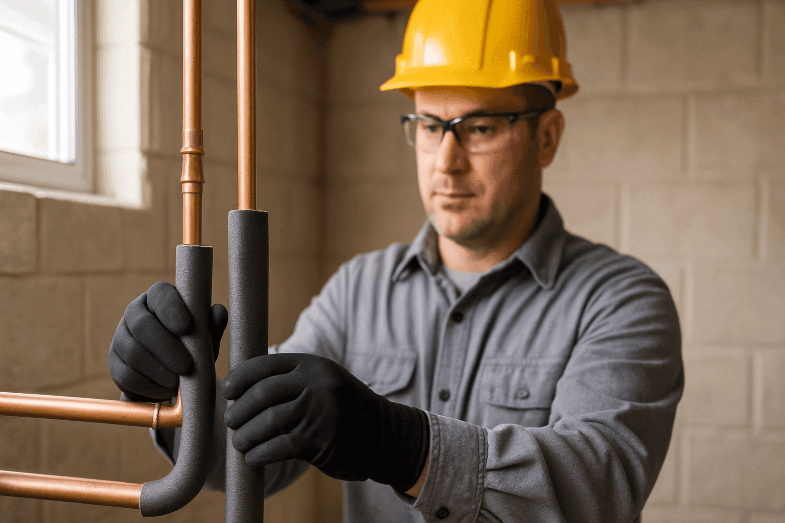 Plumber wrapping insulation around exposed basement pipes