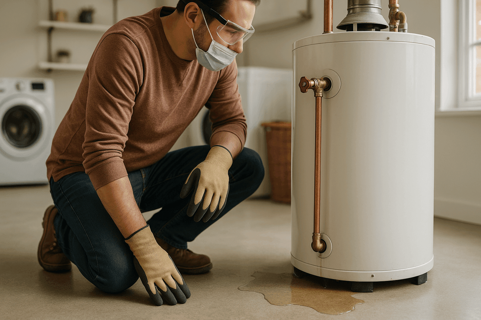 Homeowner inspecting leaking water heater with puddle underneath