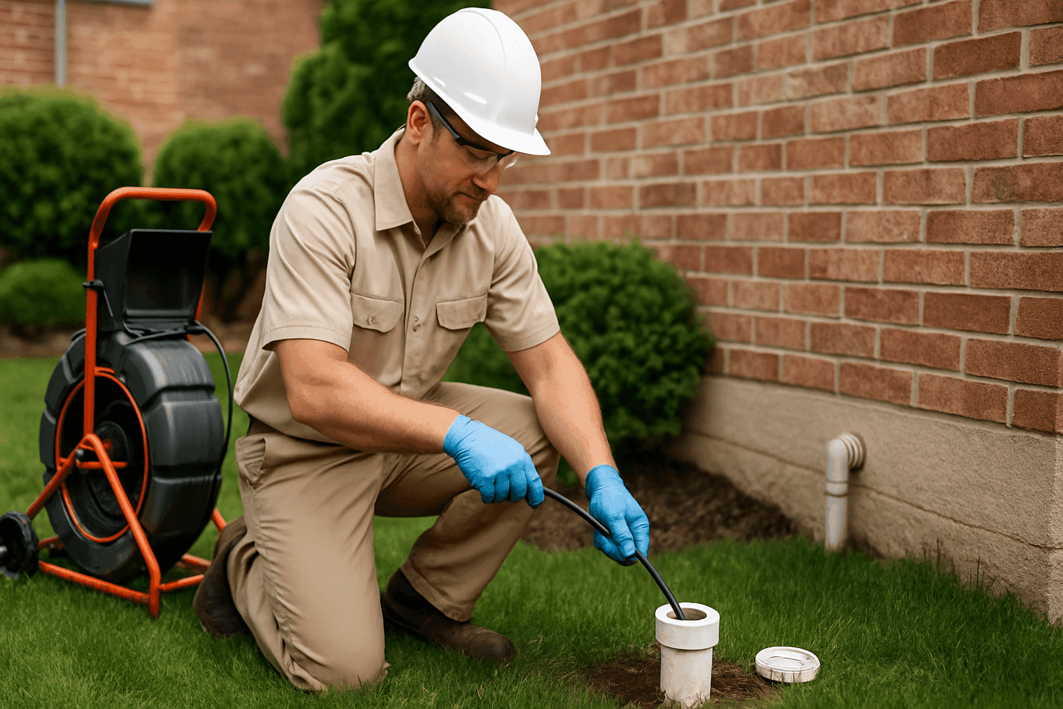 Technician feeding camera cable into outdoor sewer clean-out at home