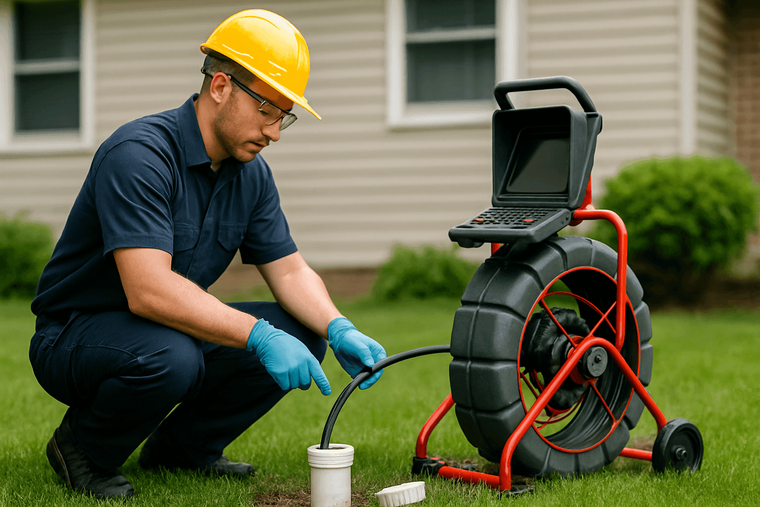 Technician inspecting residential sewer clean-out with camera equipment
