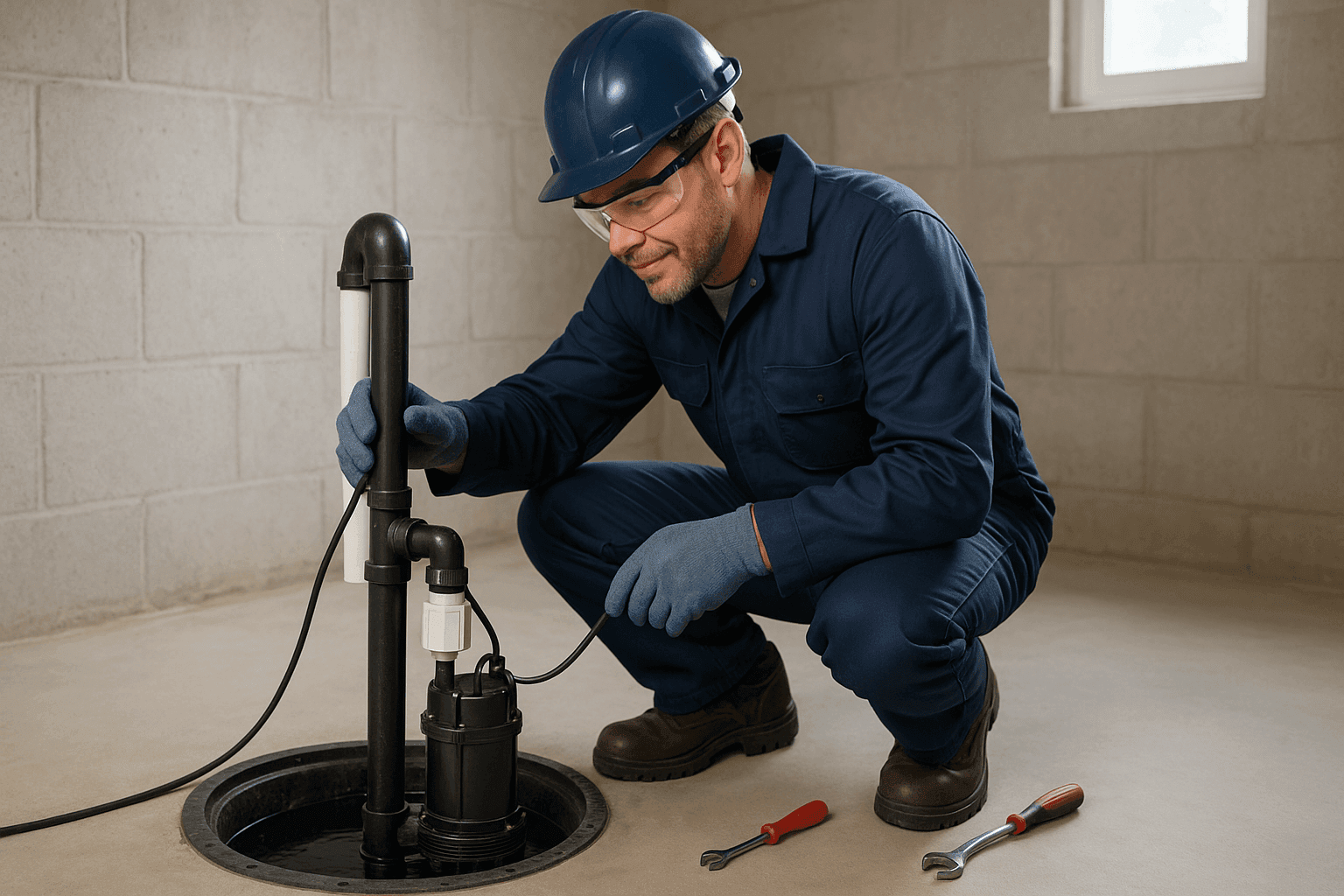 Technician inspecting sump pump system in basement pit