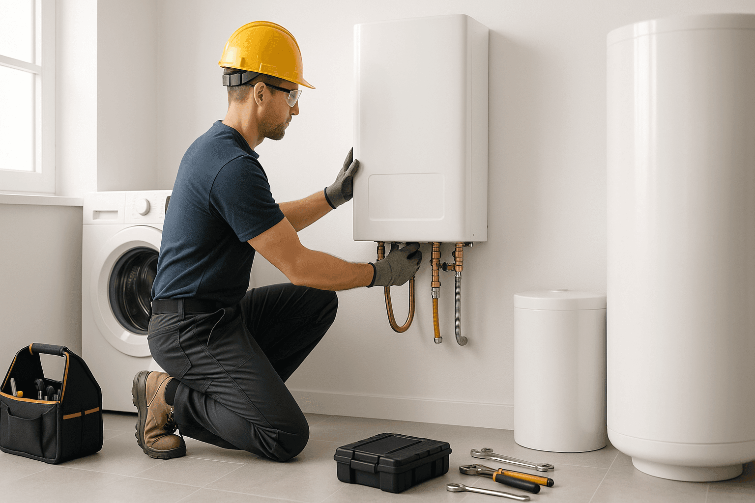 New water heater being installed in residential utility room