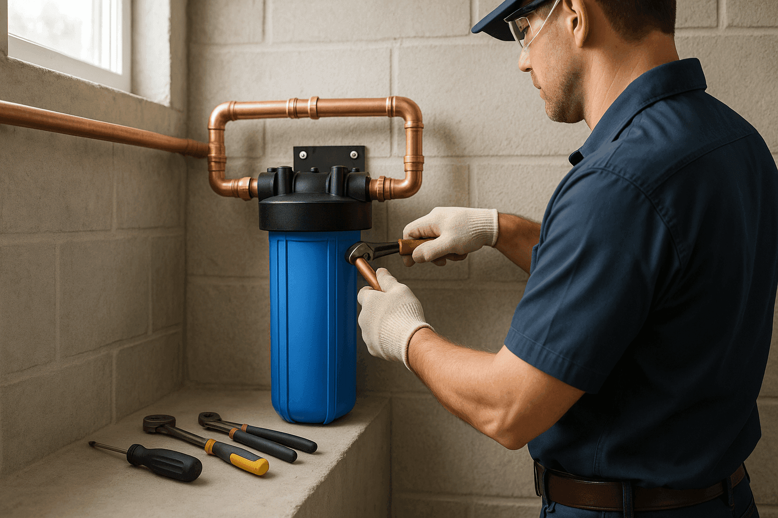 Technician installing whole-home water filtration system in basement utility room